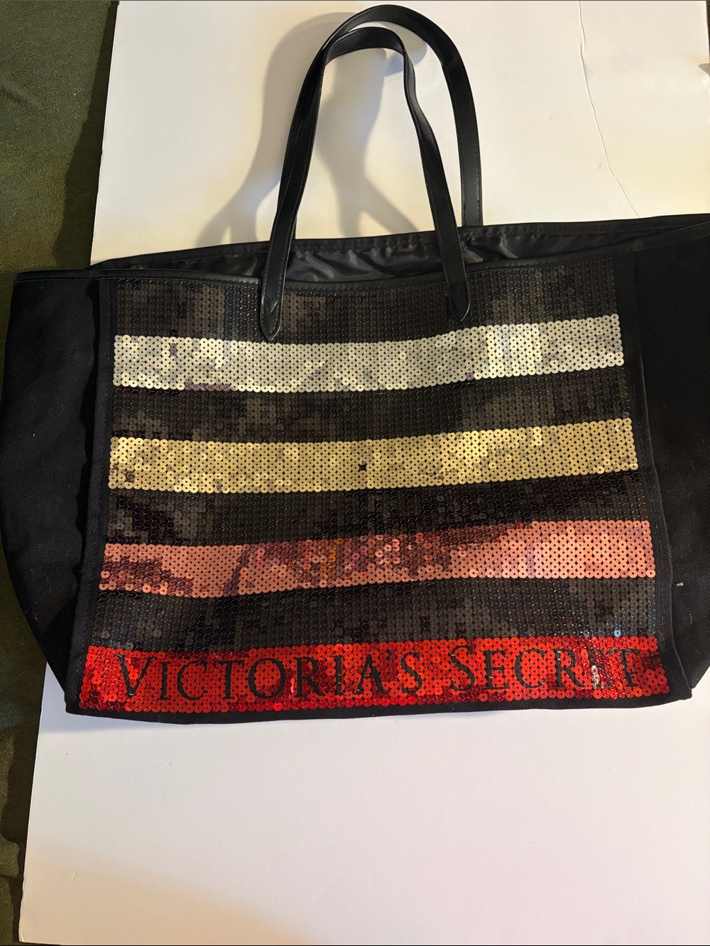 Victoria's Secret Black Tote with Gold, Silver, Pink & Red Sequin Stripes